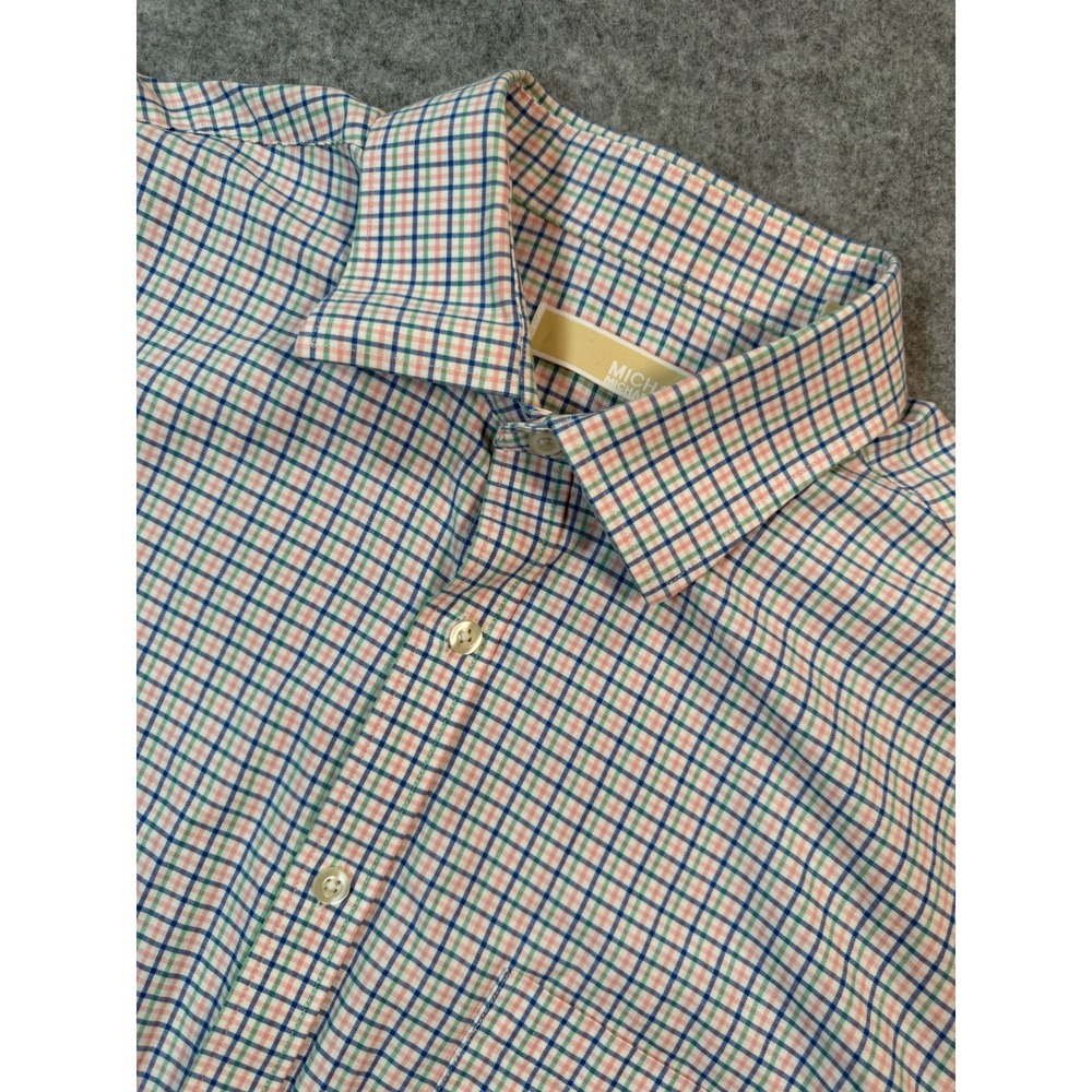 Michael Kors Mens Tattersall Check Button Down Shirt Blue Green Pink 17 34/35